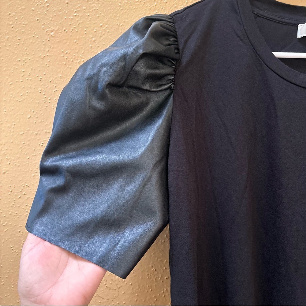 Michael Kors Black Puff Sleeve Top Faux Leather Mixed Media XL - Picture 4 of 10